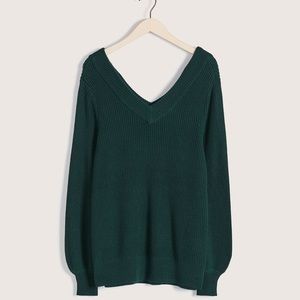 Additionelle green balloon sleeve v neck sweater